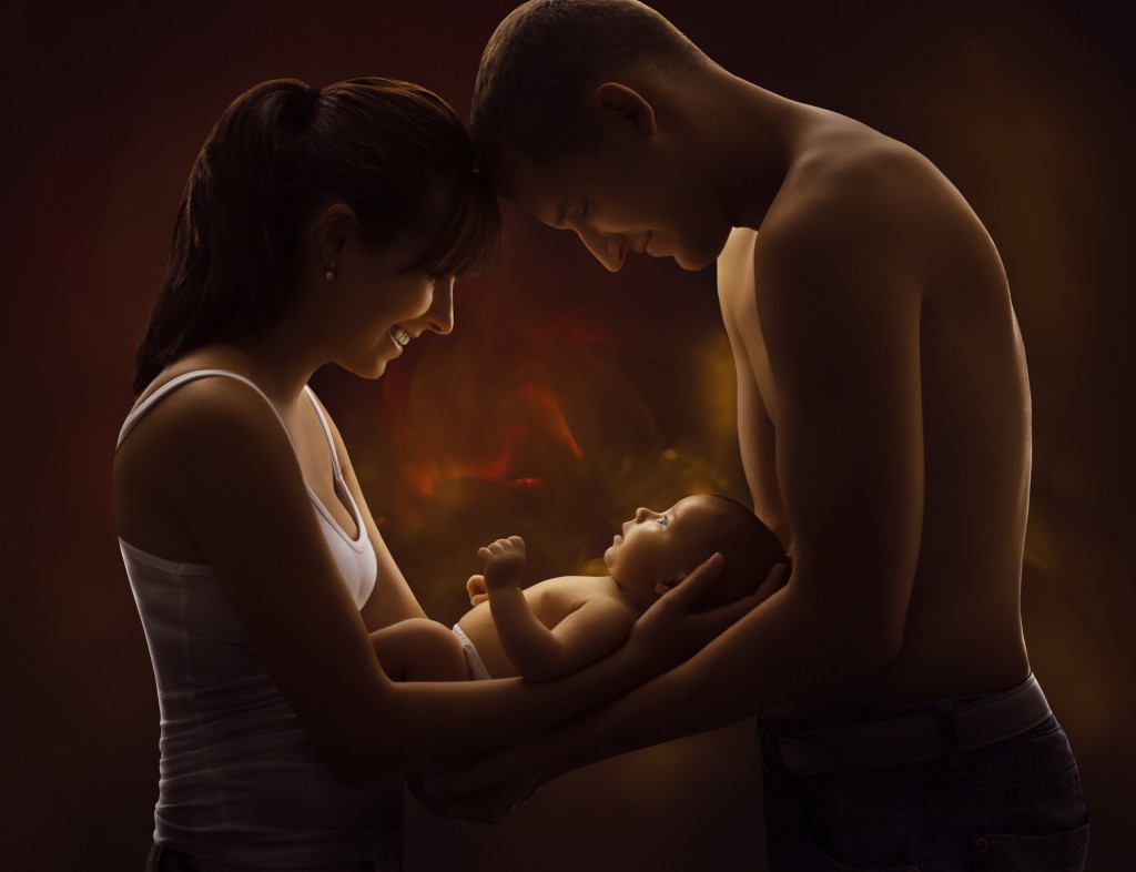 Family Baby Portrait, Young Mother Father Holding New Born Kid